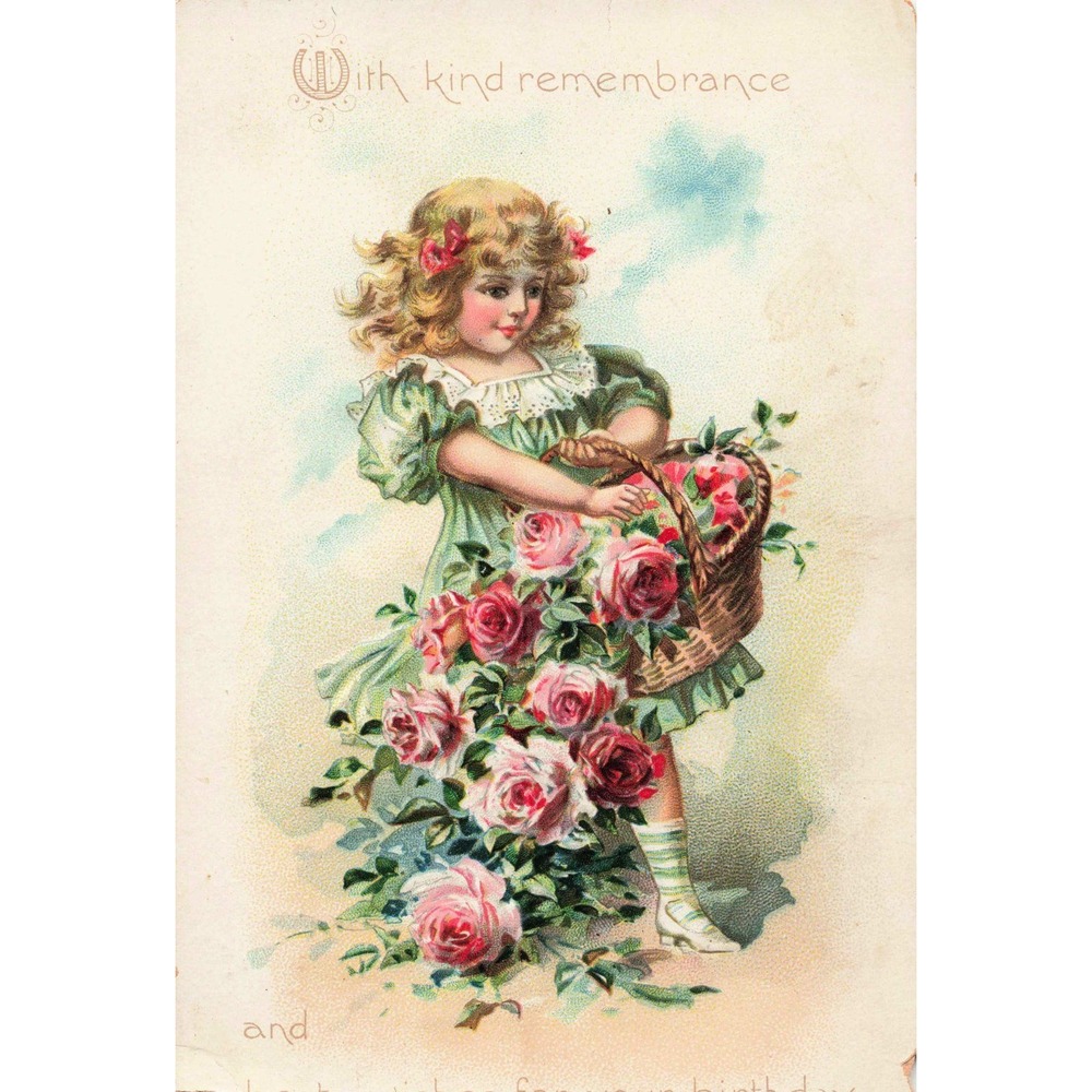 Antique Raphael Tuck & Sons Embossed Birthday Postcard Girl Basket Pink Roses - Picture 1 of 2